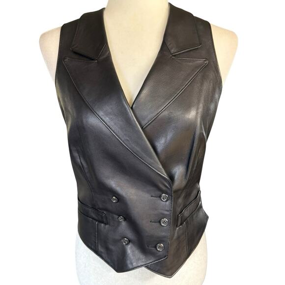 Vtg Ralph Lauren Rugby Leather Vest Women Double Breasted Black Sz 8 Preppy Moto - Picture 1 of 8